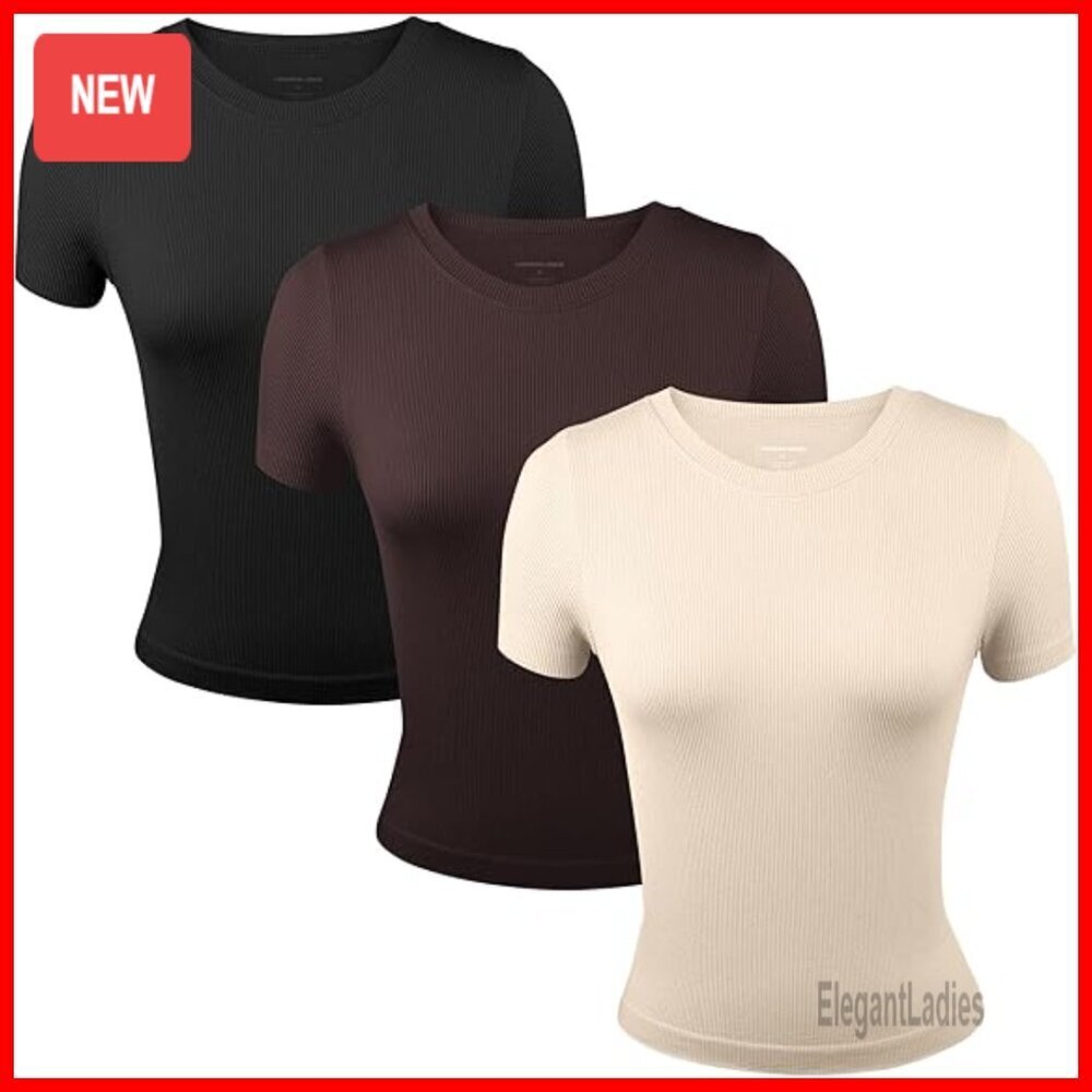 3 Pack Ribbed Stretch Tees, Crewneck Short Sleeve Yoga Tops for Women